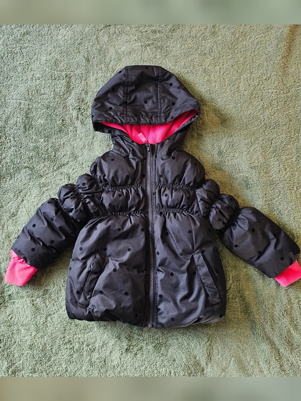 Black Polka Dot Puffer Jacket with Pink Lining Waist Snaps 18 Months